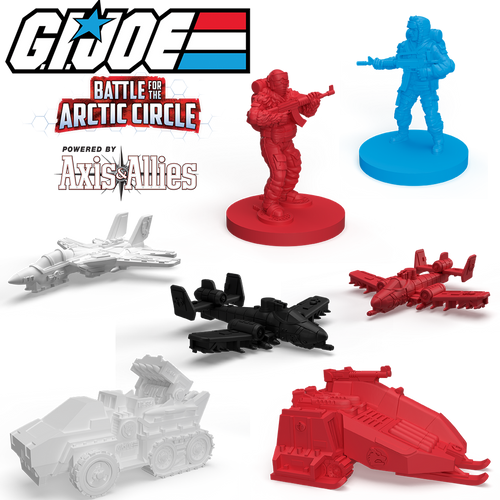 close up of miniatures in red, blue, black and white. featuring people and vehicles