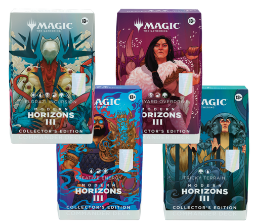 Collector Edition packaging for all four Commander Decks available in the Modern Horizons 3 set: Creative Energy, Tricky Terrain, Graveyard Overdrive, Eldrazi Incursion