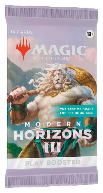 Play Booster packaging for Modern Horizons 3, art featuring the planeswalker Ajani