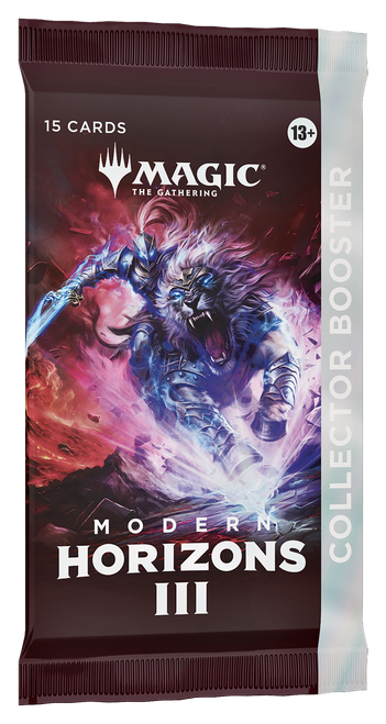Modern Horizons 3 Collector Booster packaging, depicting an armored figure riding into battle on an armor-clad lion