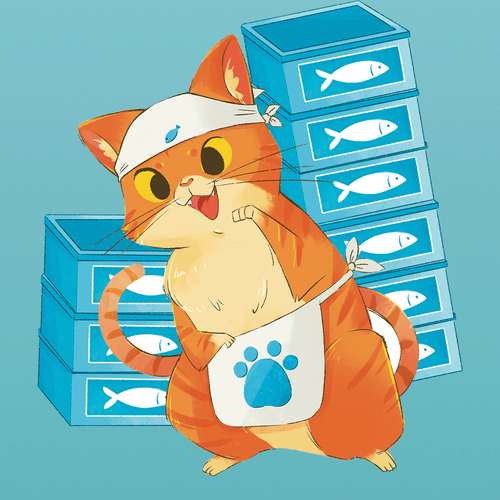 Sample character, orange cat with apron with blue fish boxes behind 