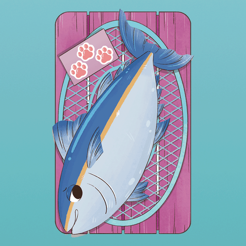A blue and white fish on a purple background with 3 paw prints