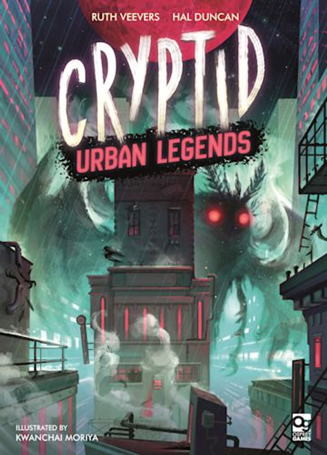 Cryptid Urban Legends box cover, depicting an enormous red-eyed creature hiding behind an urban building