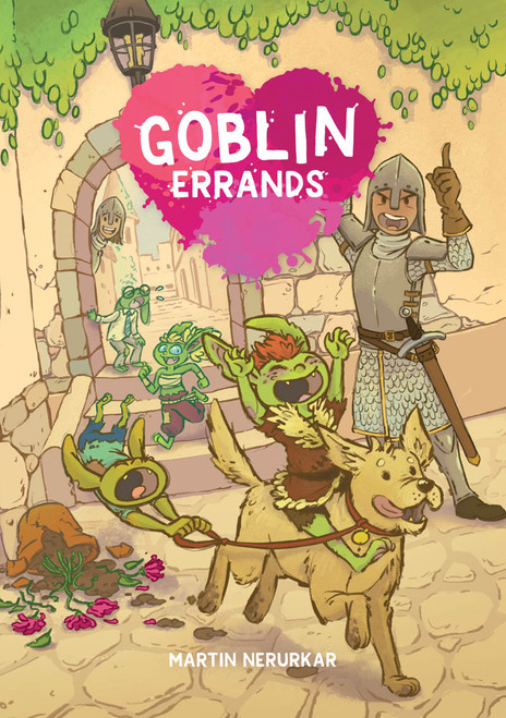 Goblin Errands book cover, depicting a group of goblins trying to hold a dog's leash, one of them riding the dog gleefully