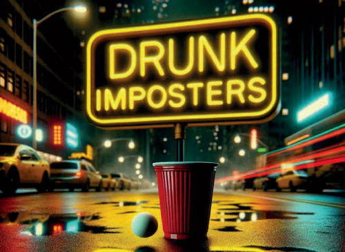 Drunk Imposters game box, depicting a red plastic cup in the middle of a wet street at night