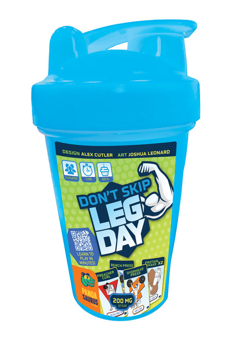 bright blue protein shaker, which is the game container
