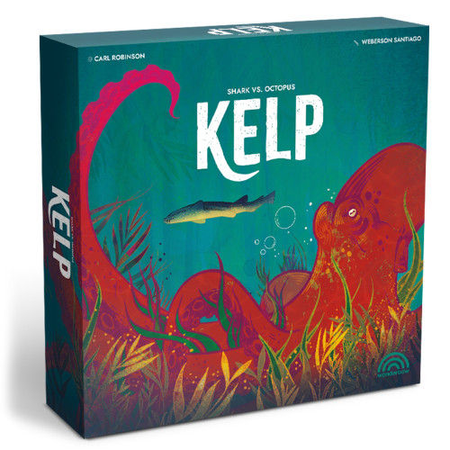 Kelp game box, depicting an octopus in the foreground and shark in the background