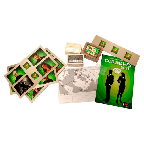The box contents, people and maps and decks of cards