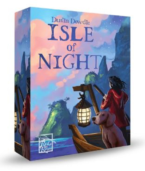 front of game box, an adventurer on a boat with a lamp and dog