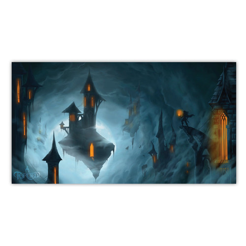 floating island houses with their windows lit while very overcast tunnel of clouds surround them