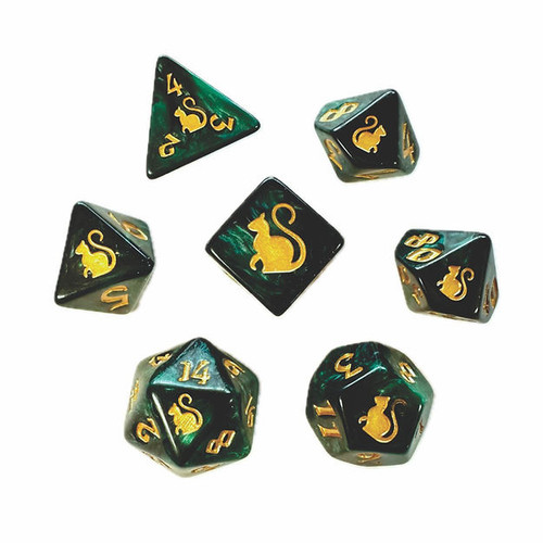 Loki Kitty Clacks Dice Set marbled green dice with yellow/gold numbers. 
