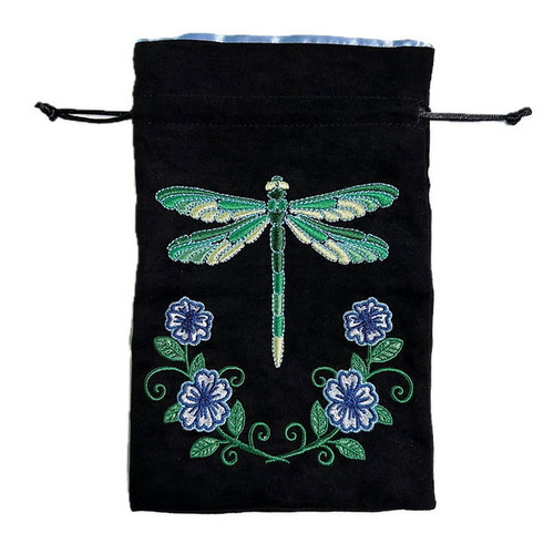 Black Dice Bag with embroidered green dragon fly and flowers centered from Black Oak Workshop