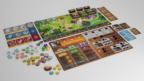 A lay out of the games components with a map, battery spaces, and gem and other tokens 