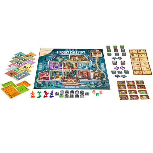 Game contents spread out, miniatures and character cards and house map