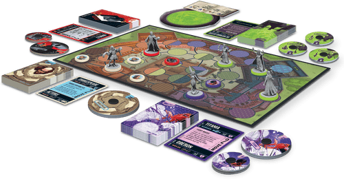 Unmatched Slings & Arrows gameplay, featuring game board, miniatures, character decks and dials