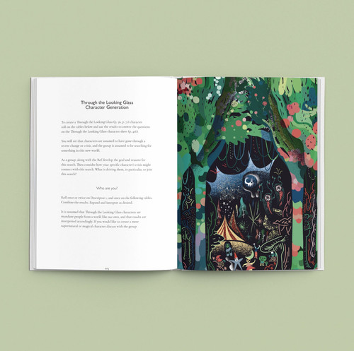 A 2 page spread of the book featuring through the looking glass character generation and details and a green forest-like image with circus tents in the background 