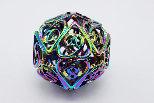 Single d20 close up of hollow metal dice