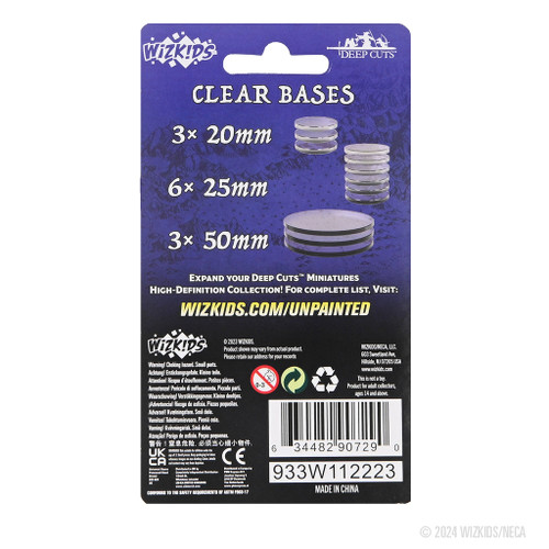 Back of packaging with listed contents
3x20mm clear bases
6x25mm clear bases
3x50mm clear bases 