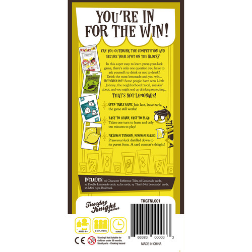 back of bright yellow box with blurb and pictures of the cards, including a not lemonade card and girl troop drinking lemonade card. 