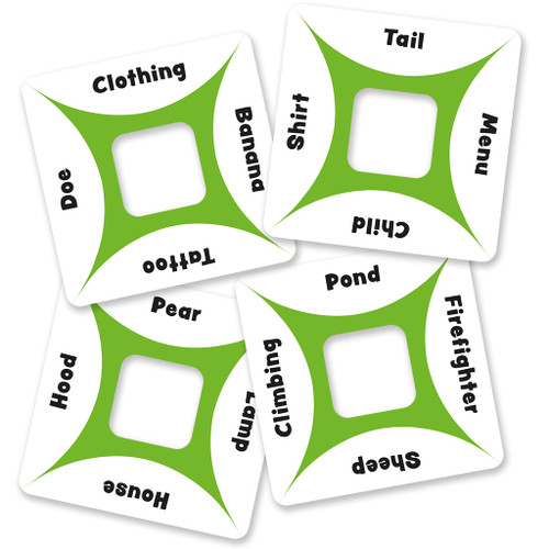 Sample cards  4 sided with different random words, with hole in the middle