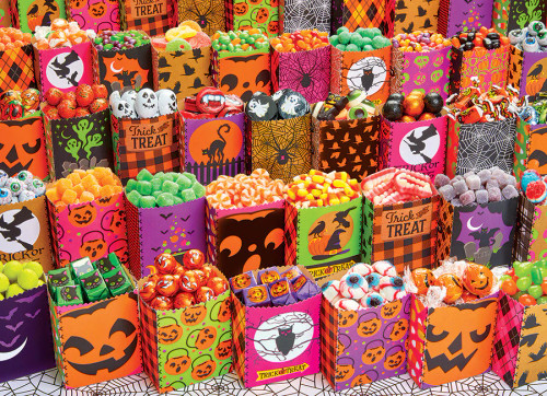 Puzzle image, depicting dozens of Halloween themed goody bags filled with candy