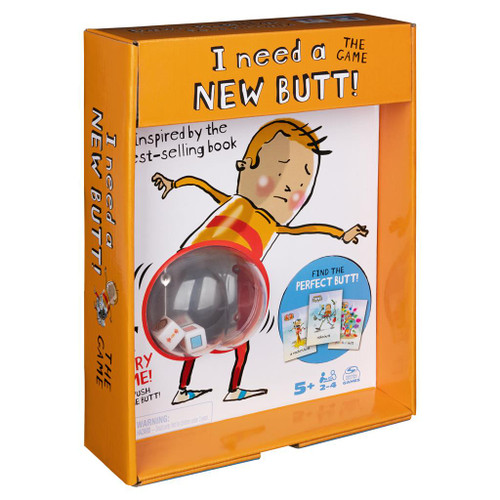 Front of packaging, orange with a dice containing bubble/butt