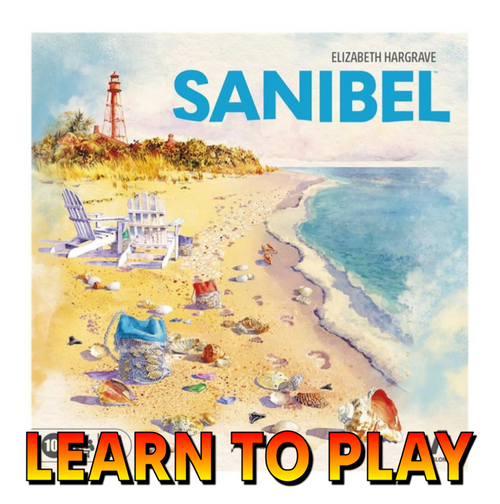 Sanibel game box, depicting seashells on a beach