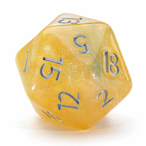 yellow/gold glittery dice with silver numbers
