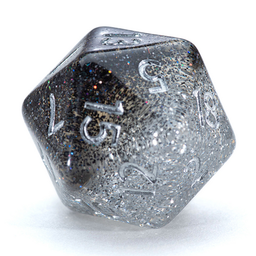 black/silver clear glitter 20 sided dice with silver numbers