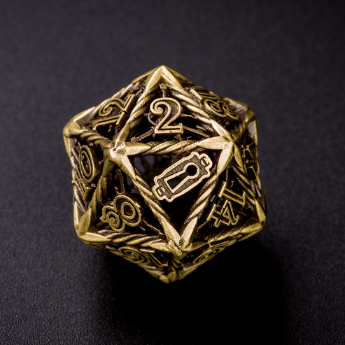 close up twisted frame of metal hollow dice in bronze