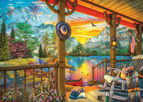 Early Morning Fishing puzzle image, depicting a cabin porch view of a lake
