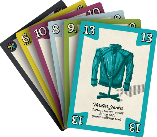 Close up a of card number 13 teal whit a "Thriller Jacket"