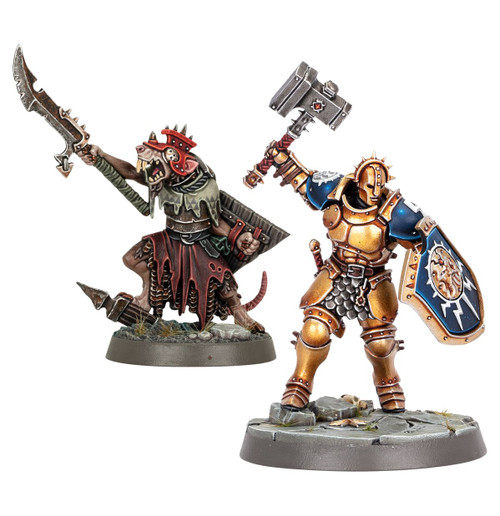 - 1x Stormcast Eternals Liberator on a scenic base
- 1x Skaven Clanrat on a scenic base