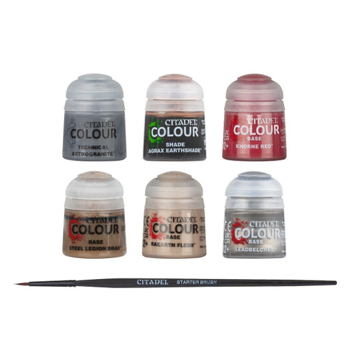 6 pots of paint and a paint brush
