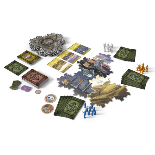 Game components with cards, miniatures and map not-square pieces.