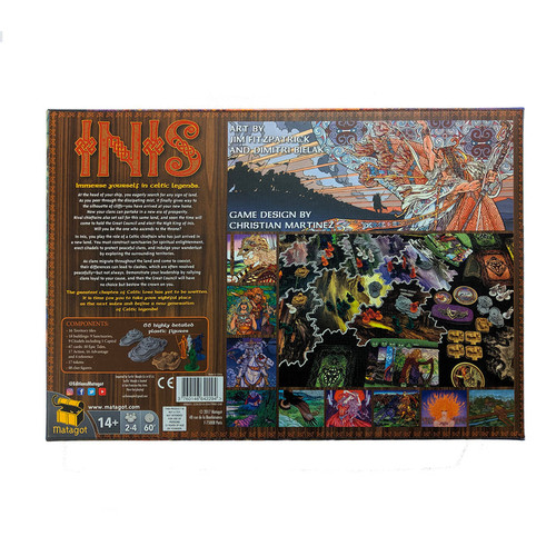 Back of game box featuing close up of game mid-game play. with a list of components and a blurb about the game. 