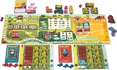 The game layout featuring a game board, food tokens, location tiles and a farmers market