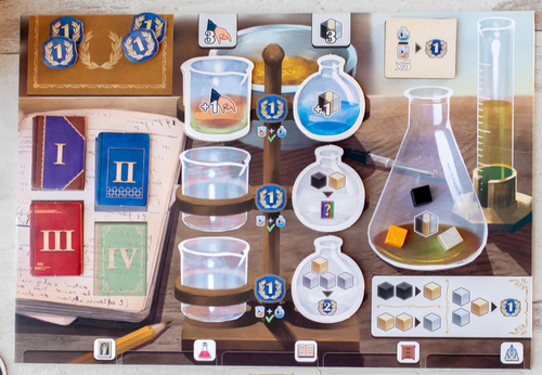 Player board, featuring spaces for resources, victory points, cards and more