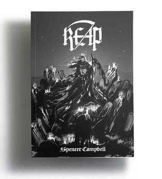 Reap RPG book cover, depicting a grim reaper type figure on a mountain of tombstones