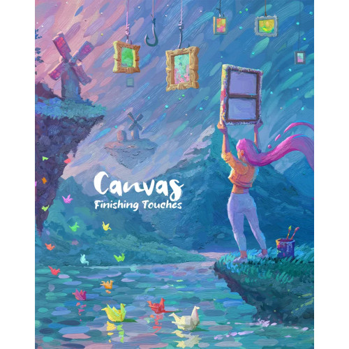 Front of game box with a person holding up a frame and origami birds floating