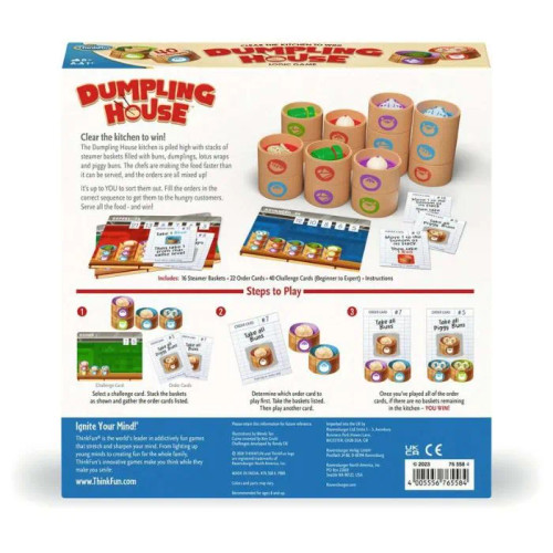 The back of the box, stacks of dumpling trays with different types of dumpling ingredients and a blurb about the game 