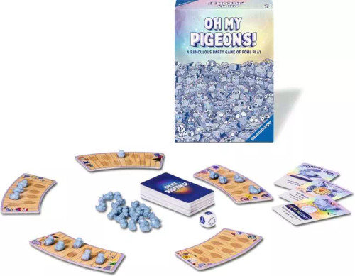 The game components set up for the game, benches around the flock and a dice in front of the game box.