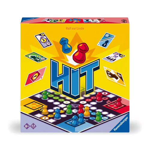 front of yellow game box featuring cards and pawns