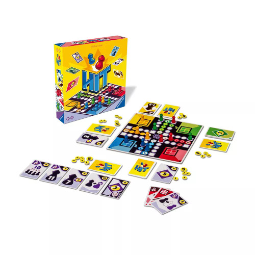 front of yellow game box featuring cards and pawns, with the game laid out in front for the box.