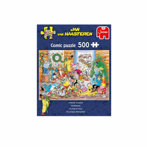 Front cover of puzzle navy boarder on box of chaotic winter cabin scene