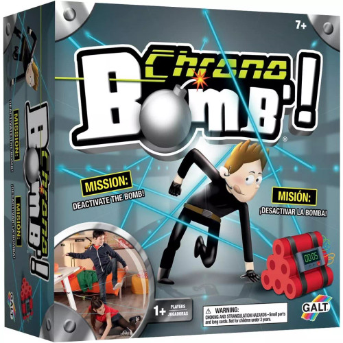 Chrono Bomb game box, depicting a cartoon spy ducking through a laser grid