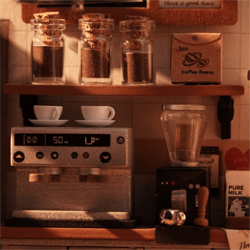 Closeup on the model's coffee and espresso machine details