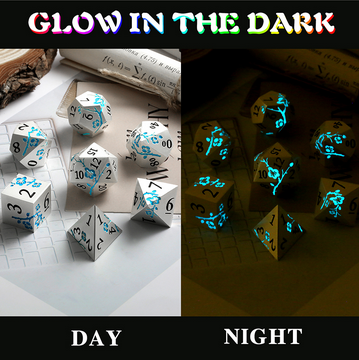 Glow in the dark effect, shown in light and in darkness