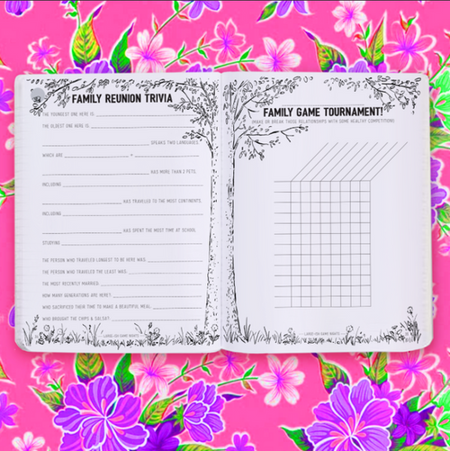 Family Reunion Trivia page spread and a pink and purple background