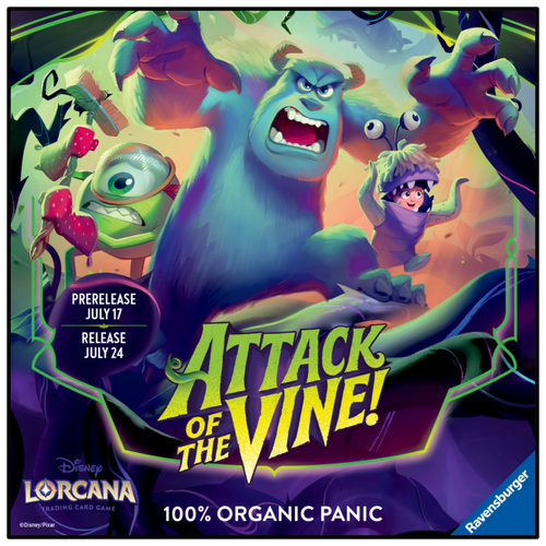 Key art for the Attack of the Vine set of Disney Lorcana, featuring Sulley, Mike and Boo